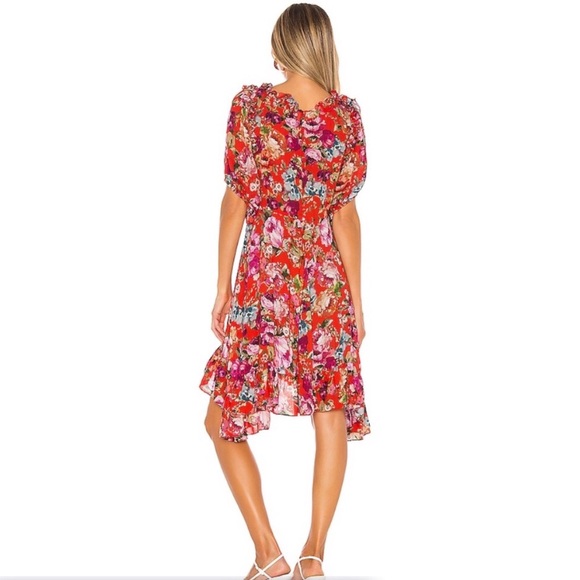 ICONS Objects of Devotion Floral Dress puff sleeve Red Pink Ruffle Neckline Hem - Picture 11 of 15